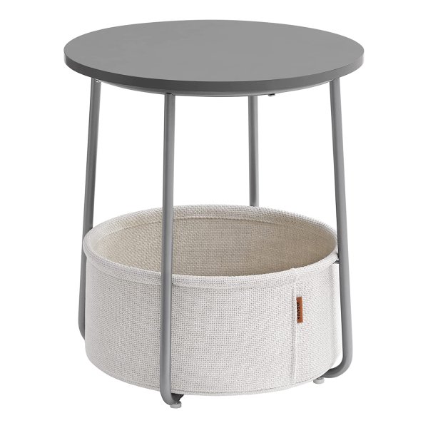 Bijzettafel Rond, Kleine Tafel, Salontafel Klein, Woonkamertafel Met Mand Van Stof, Opbergruimte Voor Woonkamer, Slaapkamer, Nachtkastje, Modern, Cementgrijs-Wolkenwit