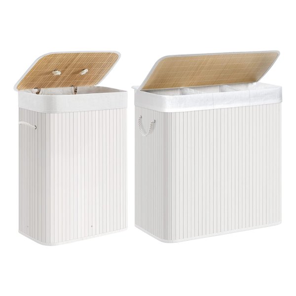 Wasmand, 150 L Waszak Met 3 Vakken, 72 L Wasbox, Uitneembare Waszak Van Bamboe, Wasmand Met Deksel En Handgrepen, Opvouwbaar, Wit
