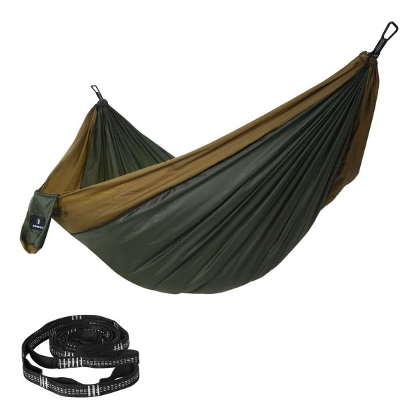 Ultralichte Hangmat Voor 2 Personen, Van Ripstop-Nylon, Belastbaar Tot 300 Kg, Voor Backpacken, Op De Camping, Tijdens Het Wandelen, Legergroen-Bruin