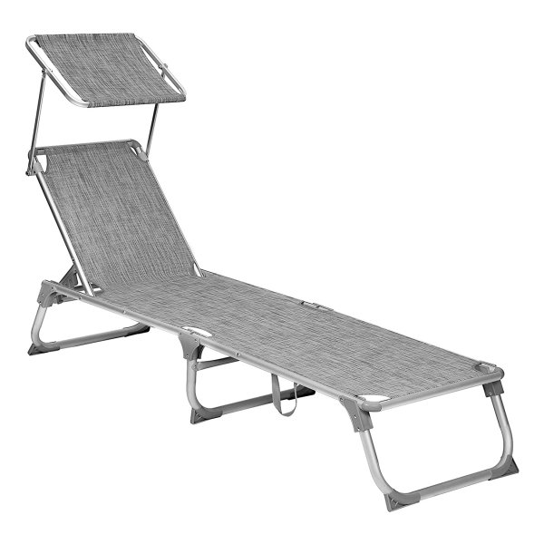 Zonnebedje, Ligstoel, Tuinstoel, Met Zonnedakje, Verstelbare Rugleuning, İnklapbaar, Licht, 55 X 193 X 31 Cm, Belastbaar Tot 150 Kg, Voor Tuin, Balkon En Terras, Gemeleerd Grijs