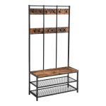 Grote Kapstok Met Bank, Kapstok Met 12 Kleerhaken En Schoenenrek, Halplank, Kantoor, Slaapkamer, Stevig Stalen Frame, Ä°ndustrieel Ontwerp, Vintage Bruin-Zwart
