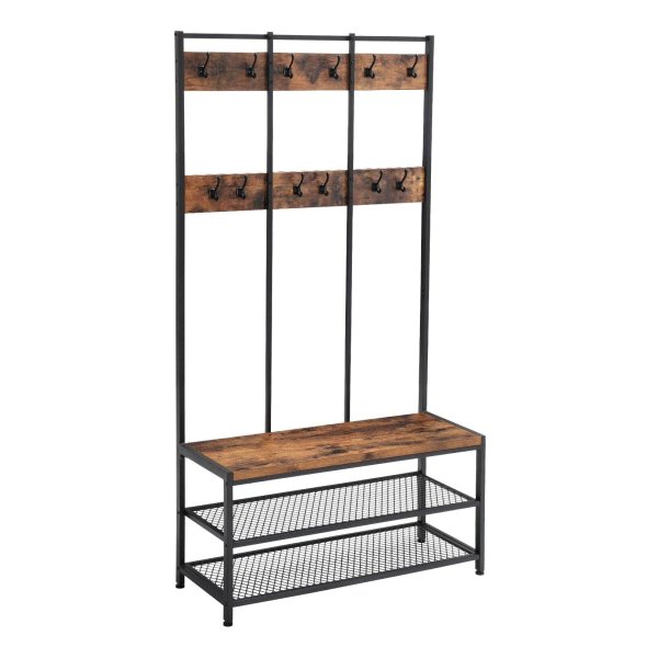 Grote Kapstok Met Bank, Kapstok Met 12 Kleerhaken En Schoenenrek, Halplank, Kantoor, Slaapkamer, Stevig Stalen Frame, Ä°ndustrieel Ontwerp, Vintage Bruin-Zwart