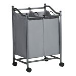 Wassorteerder Met Wieltjes En 2 Vakken, Wasmand, Wasverzamelaar, Wasmand Met Afneembare Zakken, Totale Capaciteit 90 L, Grijs