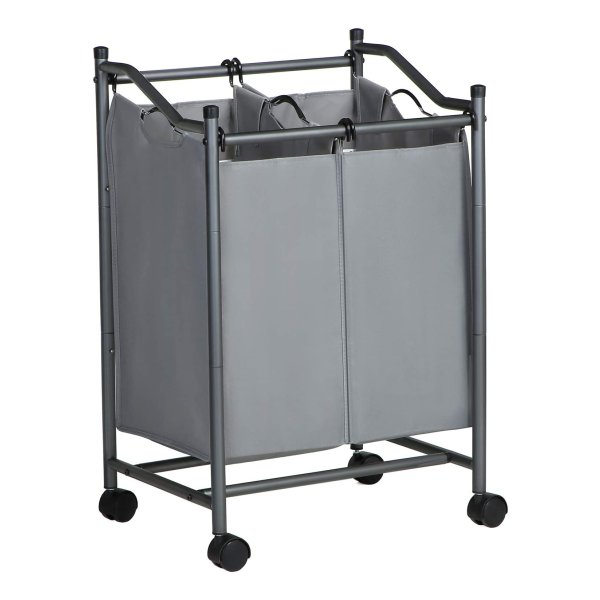 Wassorteerder Met Wieltjes En 2 Vakken, Wasmand, Wasverzamelaar, Wasmand Met Afneembare Zakken, Totale Capaciteit 90 L, Grijs