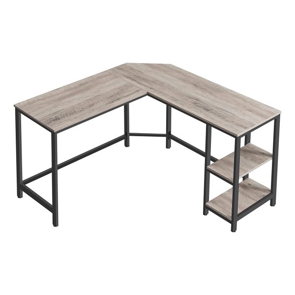 Bureau, L Hoekbureau Met 2 Planken, Ruimtebesparend Bureau Ä°n Ä°ndustrieel Ontwerp, 138 X 138 X 75 Cm, Grijs-Zwart