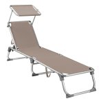 Ligstoel, Ligbed Met Zonnedak, Verstelbare Rugleuning, İnklapbaar, Licht, 55 X 193 X 31 Cm, Tot 150 Kg Belastbaar, Voor Tuin, Balkon En Terras, Taupe