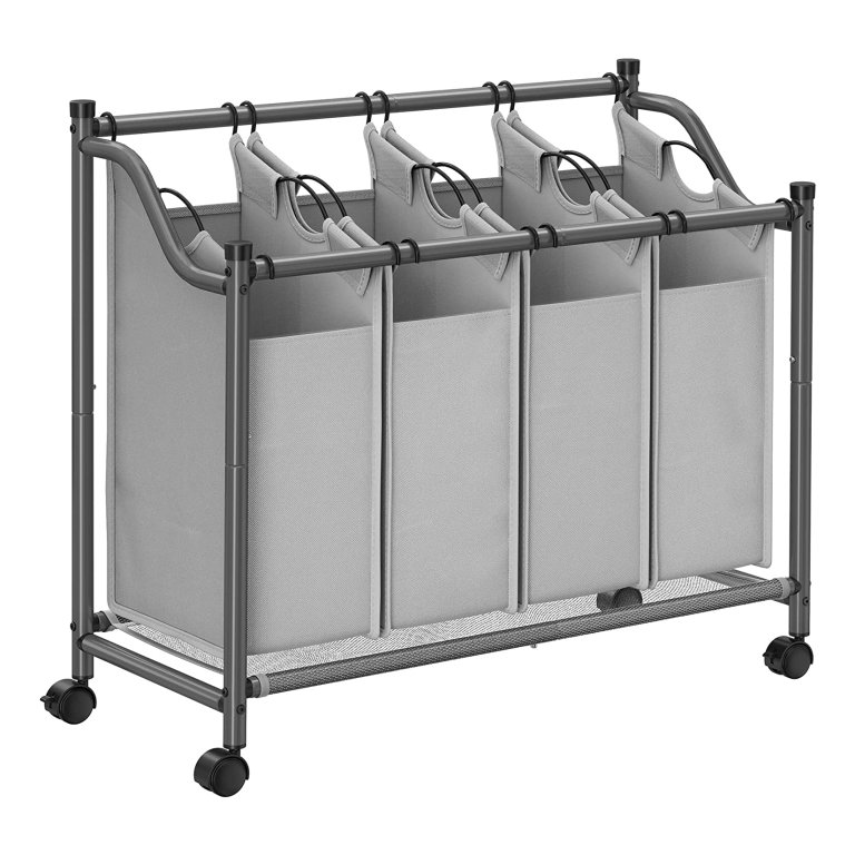 KESSER® Wasmand, wasverzamelaar, wassorteerder met 4 afneembare stoffen waszakken, wasbox met 12 wasinstructies, 360°-wielen met rem, wassorteersysteem, 4 vakken x 35 liter, grijs