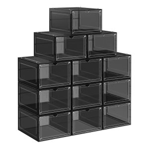 Schoenendozen, Schoenenorganizer Van Kunststof, Met Deur, Transparant, Kunststof Dozen, Set Van 12, Stapelbaar, Eenvoudige Montage, Zwart