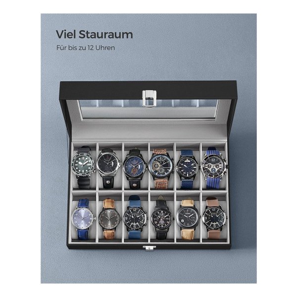 Horlogedoos met 12 vakken, horlogekast met glazen deksel, horlogekoffer met uitneembare horlogekussens, grijs, JWB12BK
