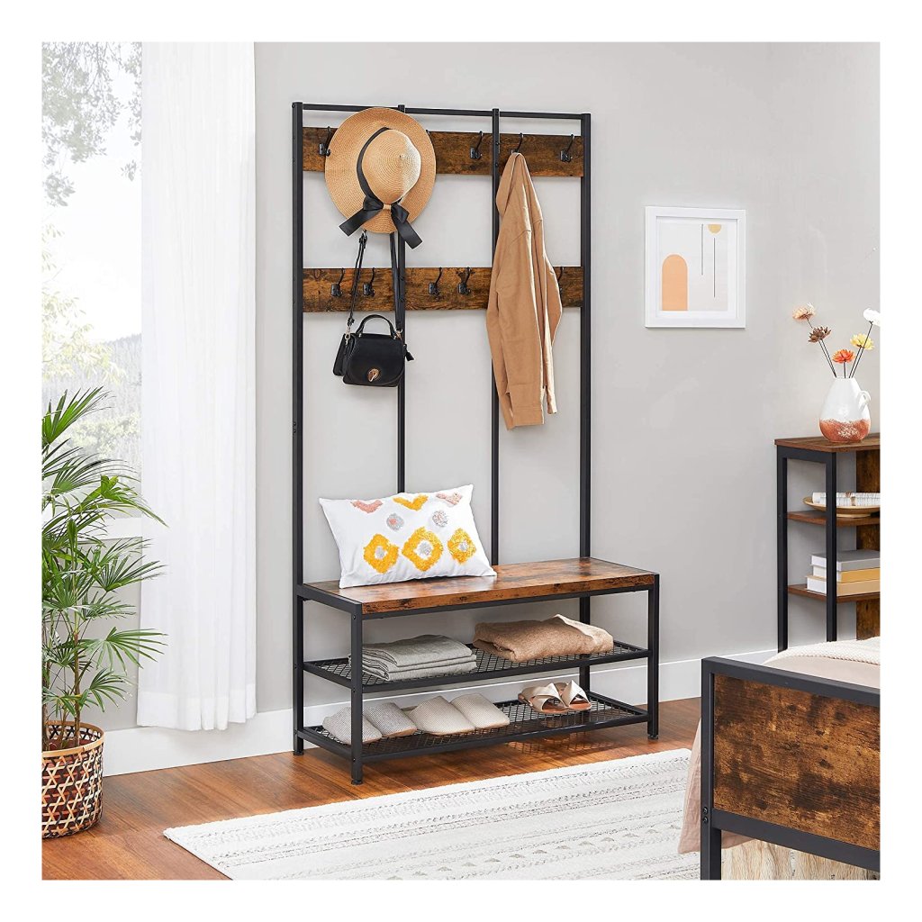 tectake® Kapstok met houten bank, kapstok met 8 haken, 85,5 x 36 x 184 cm, industrieel design, schoenenrek met 2 roosterplanken, zwart metalen frame (industrieel donkerbruin