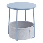 Bijzettafel Rond, Kleine Tafel, Salontafel Klein, Woonkamertafel Met Mand Van Stof, Opbergruimte Voor Woonkamer, Slaapkamer, Nachtkastje, Modern, Poederblauw-Pastelblauw