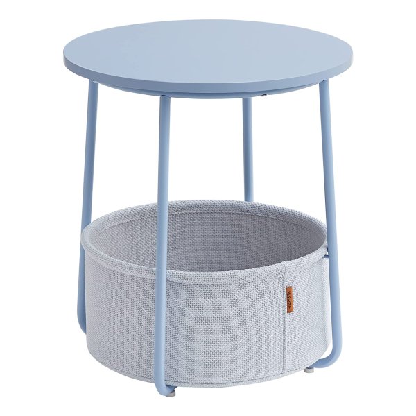 Bijzettafel Rond, Kleine Tafel, Salontafel Klein, Woonkamertafel Met Mand Van Stof, Opbergruimte Voor Woonkamer, Slaapkamer, Nachtkastje, Modern, Poederblauw-Pastelblauw