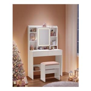 Moderne Witte Make-up tafel met Instelbare LED Verlichting - Kaptafel met Spiegel, 2 Laden en Aanpasbare Planken - Stijlvolle Opslag voor Make-up