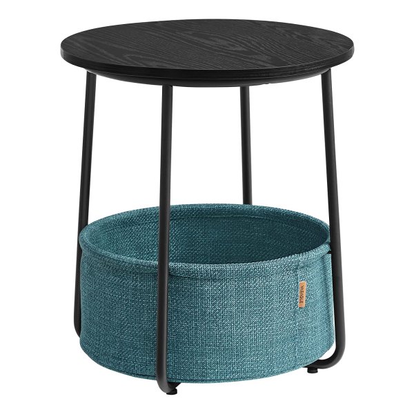 Bijzettafel Rond, Kleine Tafel, Salontafel, Klein, Woonkamertafel Met Mand Van Stof, Opbergruimte Nachtkastje, Modern, Zwart Houtlook, Donkerturquoise