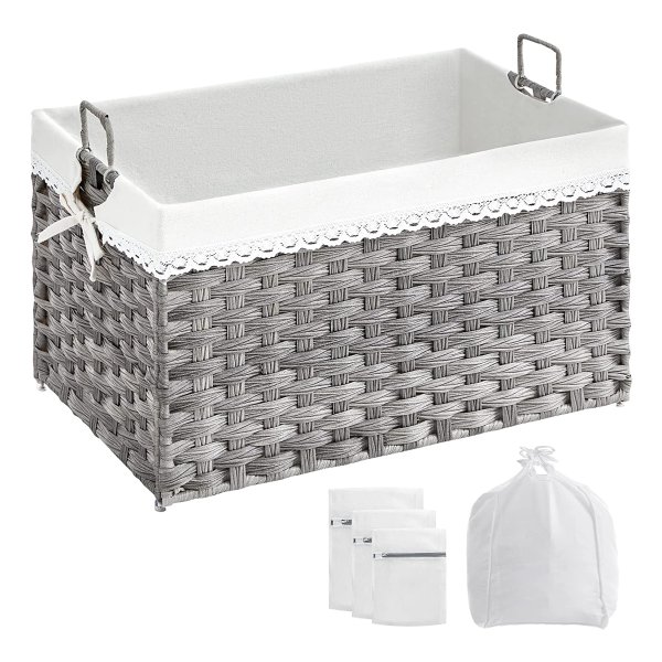 Wasmand 75 L, Wasverzamelaar, Uitneembare Binnenzak, 2 Waszakken Van Stof, 3 Wasnetten, Handgrepen, Rotan-Look, Speelgoedopslag, Voor Badkamer, Slaapkamer, Grijs