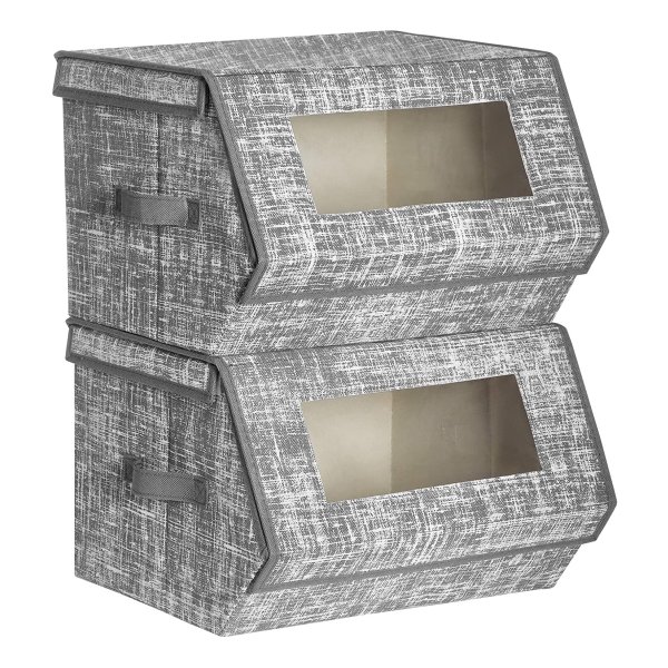 Opbergdoos Met Deksel, Set Van 2, Kastorganizer, Stapelbaar, Stoffen Box, Doorzichtig Venster, Metalen Frame, Voor Boeken, Kleding, Speelgoed, Grijs