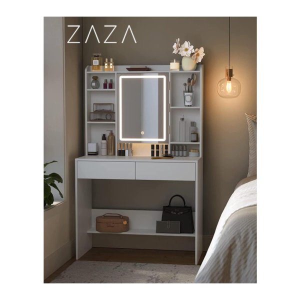 Moderne Witte Make-up tafel met Instelbare LED Verlichting - Kaptafel met Spiegel, 2 Laden en Aanpasbare Planken - Stijlvolle Opslag voor Make-up
