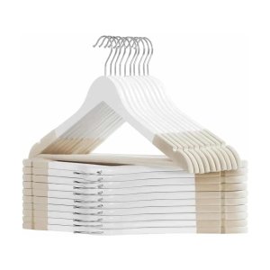20 Antislip Houten Fluwelen Hangers Met Schoudergleuven, Broekstang En 360° Draaibare Haak - Perfect Voor Jassen, Overhemden En Mantels - Wit