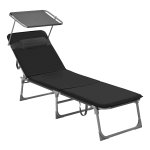 Zonneligstoel, Ligstoel Met 3 Cm Dik Kussen, Hoofdsteun, Zonnedak, Rugleuning Verstelbaar, Ä°nklapbaar, Tuin, Balkon, Zwart