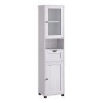 Badkamermeubel, Hoge Kast, Open Vak, Glazen Deur, Smal Badkamermeubel, Badkamermeubel Met Pootjes, Lichtgrijs Met Houtnerf