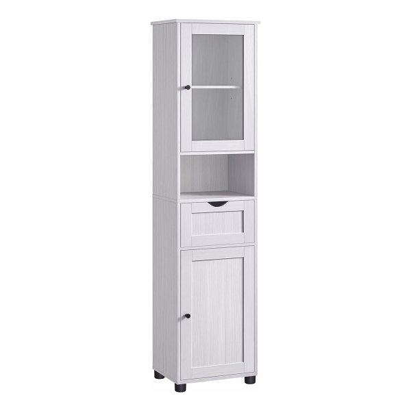 Badkamermeubel, Hoge Kast, Open Vak, Glazen Deur, Smal Badkamermeubel, Badkamermeubel Met Pootjes, Lichtgrijs Met Houtnerf