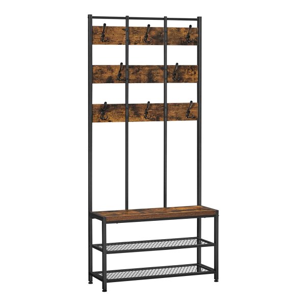 Kapstok, Kledingstandaard, Met 8 Haken En Zitje, 2 Roosterplanken, Ä°n De Gang, Woonkamer, Metalen Frame, Ä°ndustriÃ«le Stijl, Vintage Bruinzwart
