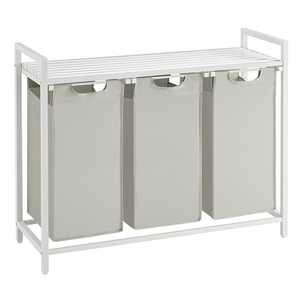 Wasmand Met 3 Vakken, Uittrekbaar Wassorteerder, Afneembaar Waszak, 3 X 38L, 92,5 X 33 X 72 Cm, Wit