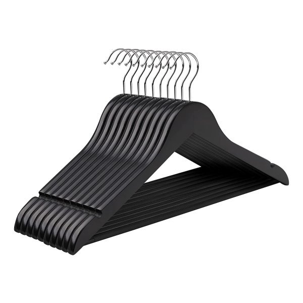 10-Delige Houten Hanger Met Schouderinkepingen, Antislip Broekstang En 360° Draaibare Haak - Zwart En Zilver - Pak