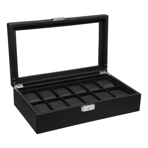 Horlogedoos Met 12 Vakken, Grote Horlogekast Met Glazen Deksel, Met Pu-Bekleding, Fluwelen Binnenvoering, Metalen Sluiting, Leuk Cadeau Voor Je Geliefde, Zwart