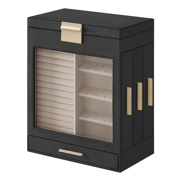 Grafietzwarte Sieradendoos Met Gouden Details - 5-Laags Sieradenorganizer Met 3 Zijladen, Grote Spiegel En Verticale Opbergruimte