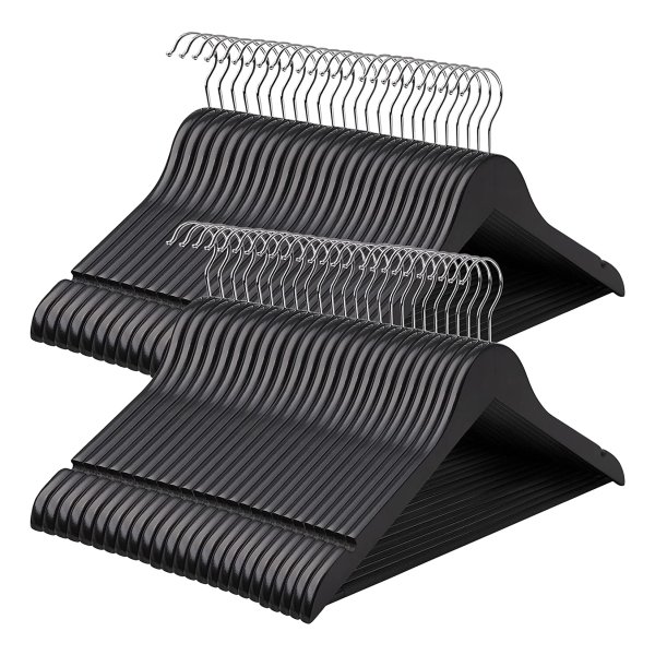 50-Delige Set Zwarte Houten Kleerhangers Met Schouderinkepingen, Antislip Broekstang En 360° Draaibare Haak - Perfect Voor Pakken, Overhemden En Jassen