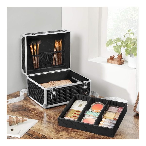 Cosmeticakoffer, make-upkoffer, reizen, make-upkoffer, opslag, kapper en visagisten, met uitneembare lade, met sloten, zwart, JBC328B01,
