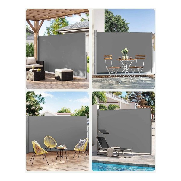GSA204G03, Zijluifel, uittrekbaar, 200 x 400 cm, inkijkbescherming, zonwering, ondoorzichtig, zijrolgordijn, voor balkon, terras en tuin, grijs