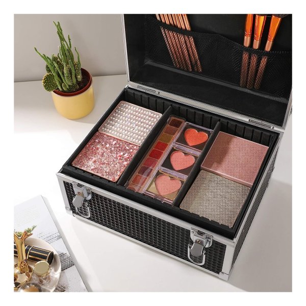 Cosmeticakoffer, make-upkoffer, reizen, make-upkoffer, opslag, kapper en visagisten, met uitneembare lade, met sloten, zwart, JBC328B01,