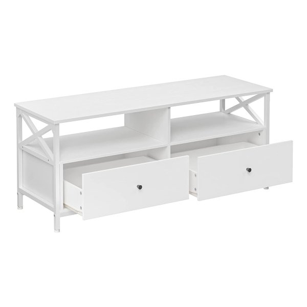 Lowboard Voor Televisie Tot 55 Inch - 120 Cm Lang, 2 Laden, 2 Open Vakken, 40 X 120 X 50 Cm, Woonkamer, Stalen Frame, Wit