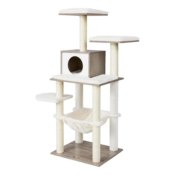 Kattenboom 138 Cm - Modern Kattenmeubilair Met Krabpaal, Knuffelhol, Sisalstammen, Hangmat, Platforms, Zacht Pluche En Wasbare Kussens - Grijs