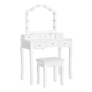 Make-Up Kaptafel Set Met Gevoerde Kruk, 10 Gloeilampen, Afneembare Opbergdoos Met 6 Vakken, 5 Laden En 1 Ladeverdeler - Perfect Cadeau-İdee Voor Slaapkamer, Wit