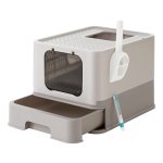Kattenbak Met Uittrekbaar Dienblad, Schep, Borstel En Lekvrije Bodem - Perfect Voor Katten Tot 15 Kg - Warmgrijs Havermoutkleur - Minder Sporen