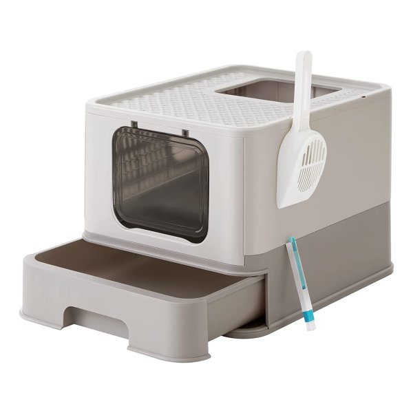 Kattenbak Met Uittrekbaar Dienblad, Schep, Borstel En Lekvrije Bodem - Perfect Voor Katten Tot 15 Kg - Warmgrijs Havermoutkleur - Minder Sporen