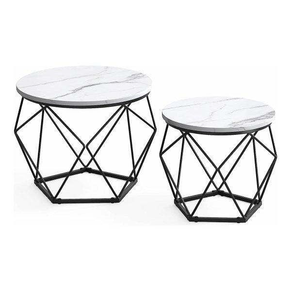 Set Van 2 Ronde Salontafels Met Afneembaar Tafelblad, Moderne Stijl, Stalen Frame, Voor Woonkamer, Wit En Zwart