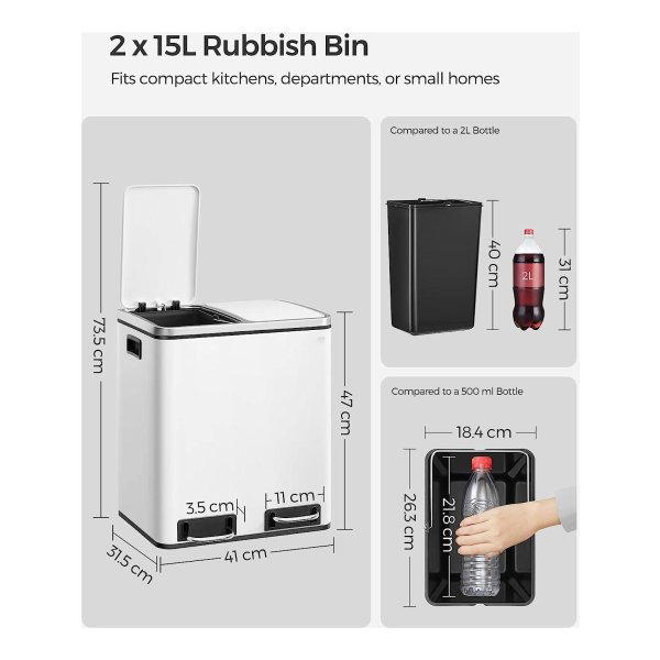 Afvalemmer voor de keuken, 30L, afvalscheiding, afvalemmer van metaal, pedaalemmer met binnenemmers en handgrepen, afvalscheidingssysteem, 2 x 15 liter, softclose, luchtdicht, wit, LTB30WT