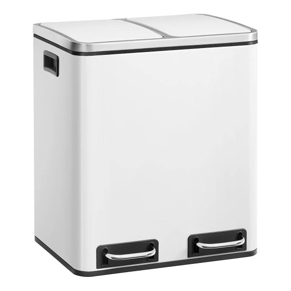 Afvalemmer voor de keuken, 30L, afvalscheiding, afvalemmer van metaal, pedaalemmer met binnenemmers en handgrepen, afvalscheidingssysteem, 2 x 15 liter, softclose, luchtdicht, wit, LTB30WT