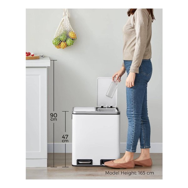 Afvalemmer voor de keuken, 30L, afvalscheiding, afvalemmer van metaal, pedaalemmer met binnenemmers en handgrepen, afvalscheidingssysteem, 2 x 15 liter, softclose, luchtdicht, wit, LTB30WT