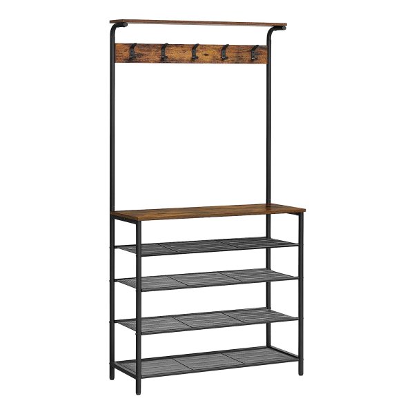 Kapstok, kledingrek, kapstok met 5 dubbele haken, schoenenrek met 5 niveaus, een plank bovenop, voor flats, slaapkamers, gangen, industrieel ontwerp, vintage bruin en zwart