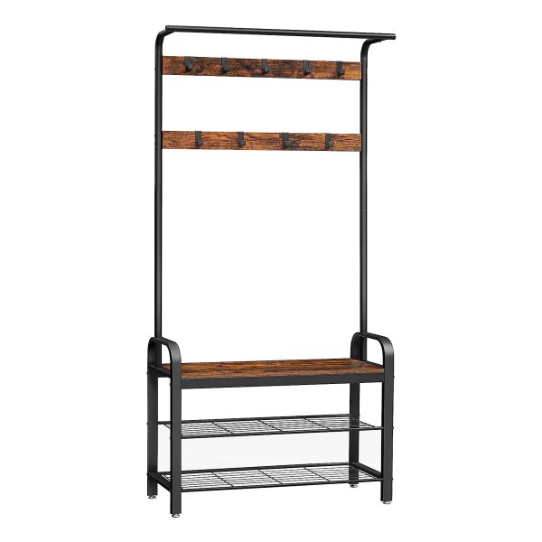 Kapstok, garderobe, ingangsmeubel, met afneembare haken, bank en schoenenrek, hoogte 183 cm, metalen frame, industriële stijl, rustiek bruin en zwart