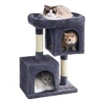 Krabpaal Voor Middelgrote Katten Tot 5 Kg - 74 Cm Kattenboom Met 2 Kattenholletjes, Groot Platform En Sisalstammen İn Rookgrijs.