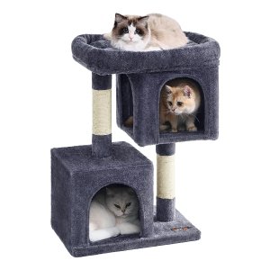 Krabpaal Voor Middelgrote Katten Tot 5 Kg - 74 Cm Kattenboom Met 2 Kattenholletjes, Groot Platform En Sisalstammen İn Rookgrijs.