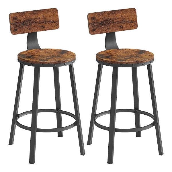 Set Van 2 Hoge Barkrukken Met Rugleuning - Stalen Frame, 62,5 Cm Hoge Zitting, Eenvoudige Montage, Industrieel, Rustiek Bruin En Zwart