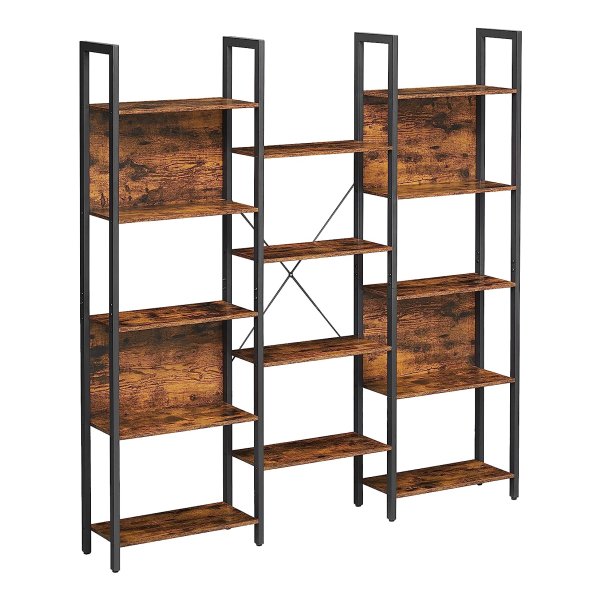 Vintage Boekenkast Met 14 Planken, Metalen Frame, 158 X 24 X 166 Cm, Bruin-Zwart, Perfect Voor Woonkamer, Studeerkamer, Kantoor En Industrieel Ontwerp