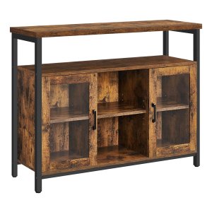 Industriële Stijl Vintage Bruin-Zwart Dressoir, Keukenkast, Opbergkast Met 2 Transparante Glazen Deuren, Verstelbare Planken, 100 X 35 X 80 Cm, Perfect Voor Keuken En Eetkamer